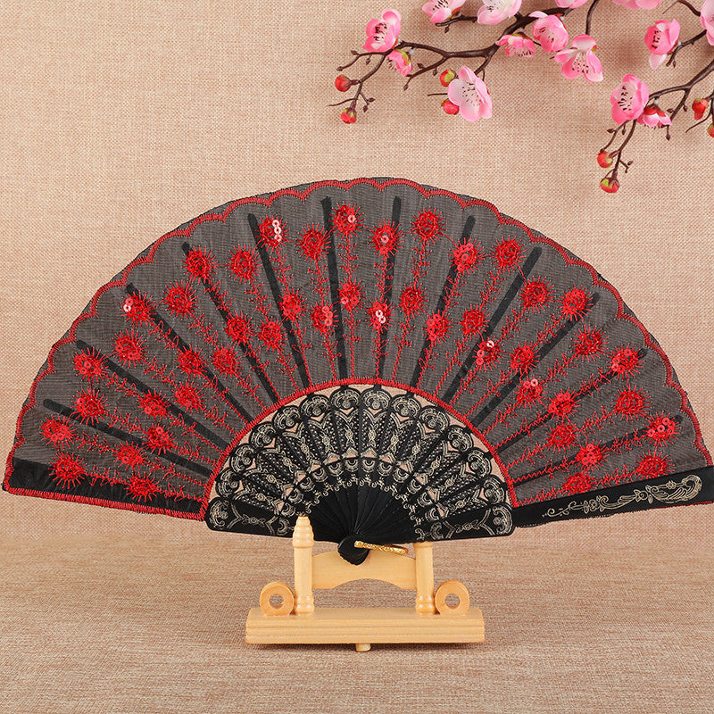 Handmade Ladies Fan Black Fabric Wood Blue Floral Embroidered Design