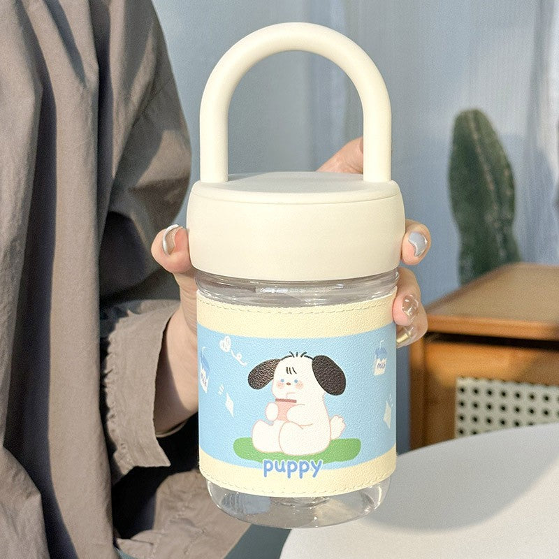 Women’s Glass Drinking Cup with Leak-Proof Lid and Playful Dog Design with Handle