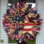 Unisex Patriotic Star Door Wreath Handmade Wood and Jute Ribbon Rustic Decoration