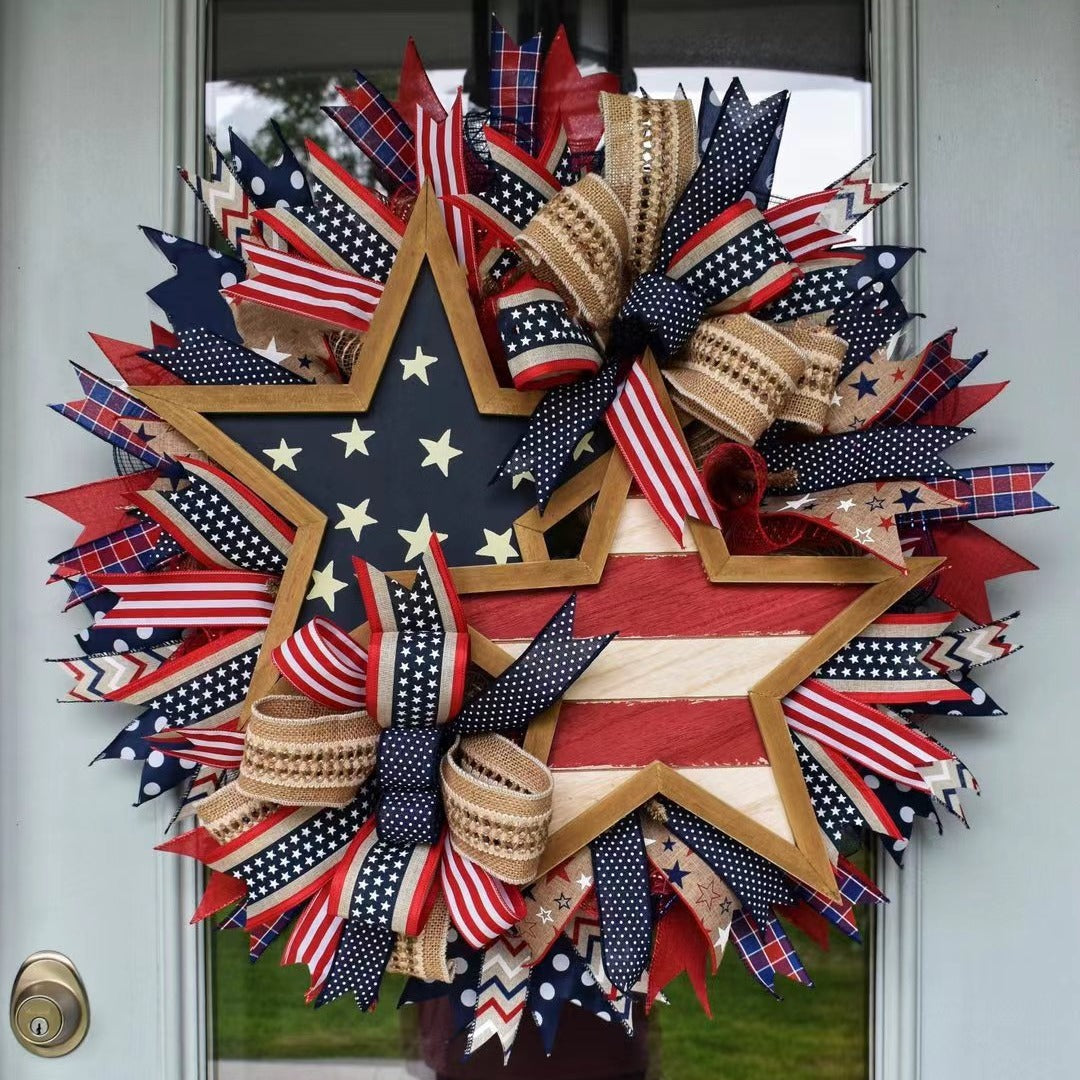 Unisex Patriotic Star Door Wreath Handmade Wood and Jute Ribbon Rustic Decoration
