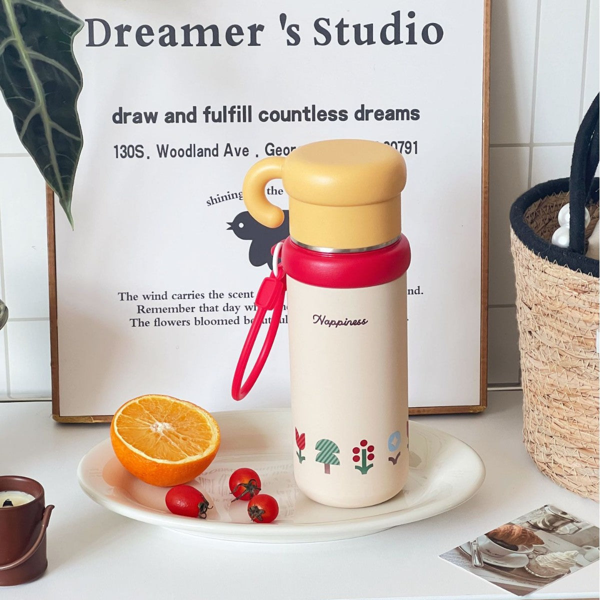 Insulated Plastic Water Bottle for Women Leak-Proof Hot Cold Drink Container with Handle and Cheerful Design