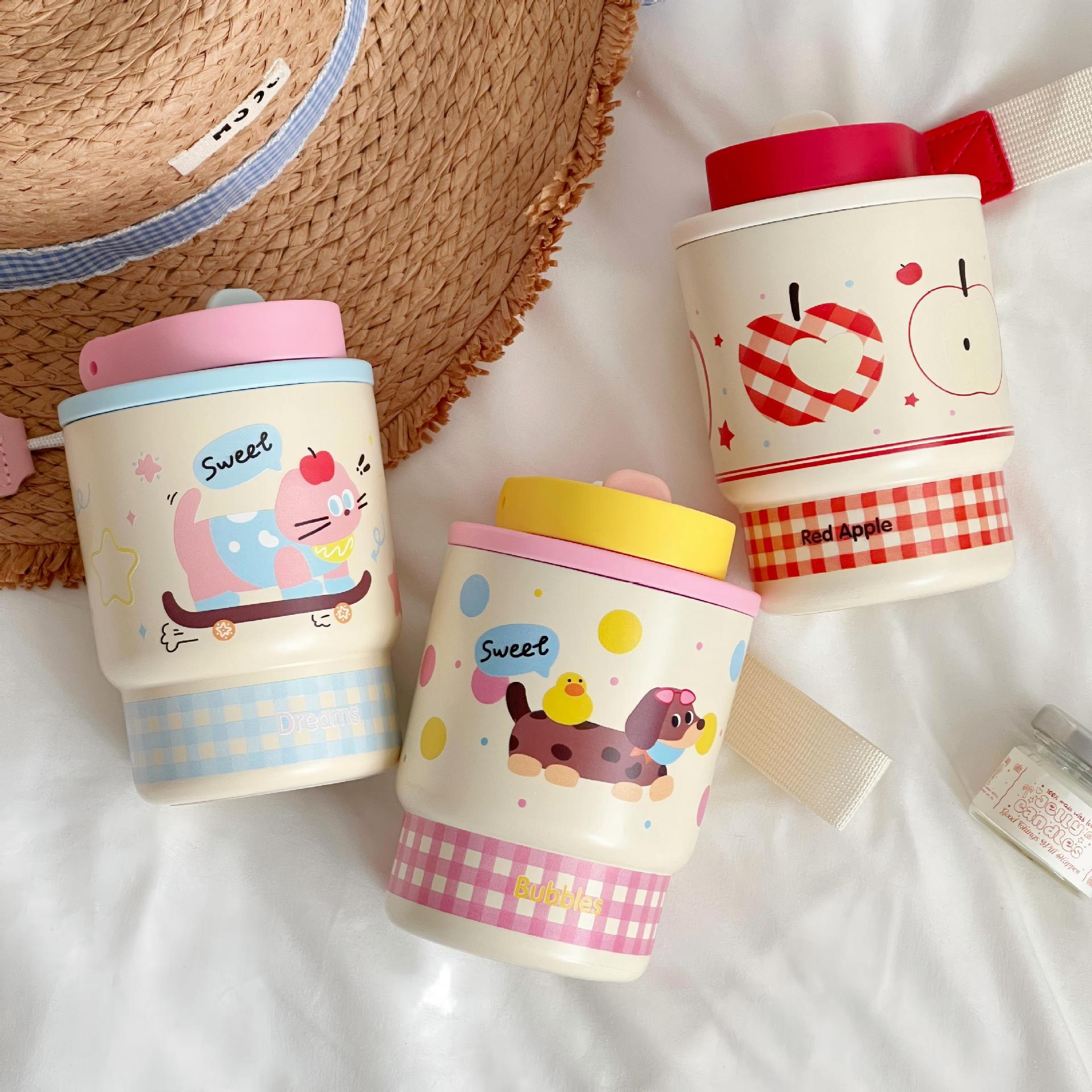 Ladies Insulated Travel Mug with Cheerful Apple Design Leak-Proof Hot Cold Cup