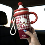 Insulated Women's Drinking Cup With Cute Cat Design Leak-Proof Flip Lid Ergonomic Handle