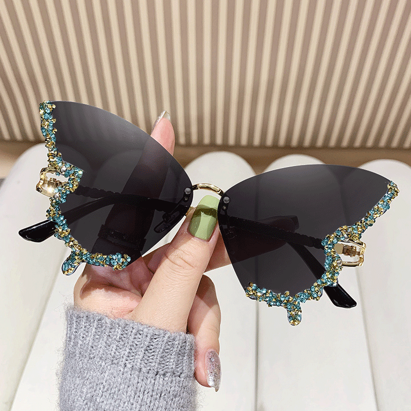 Women’s Butterfly Sunglasses with Sparkling Stones Green Accents UV Protection Lightweight