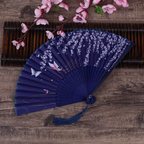 Women's Silk Folding Fan Elegant Floral Butterfly Motif with Tassel One Size