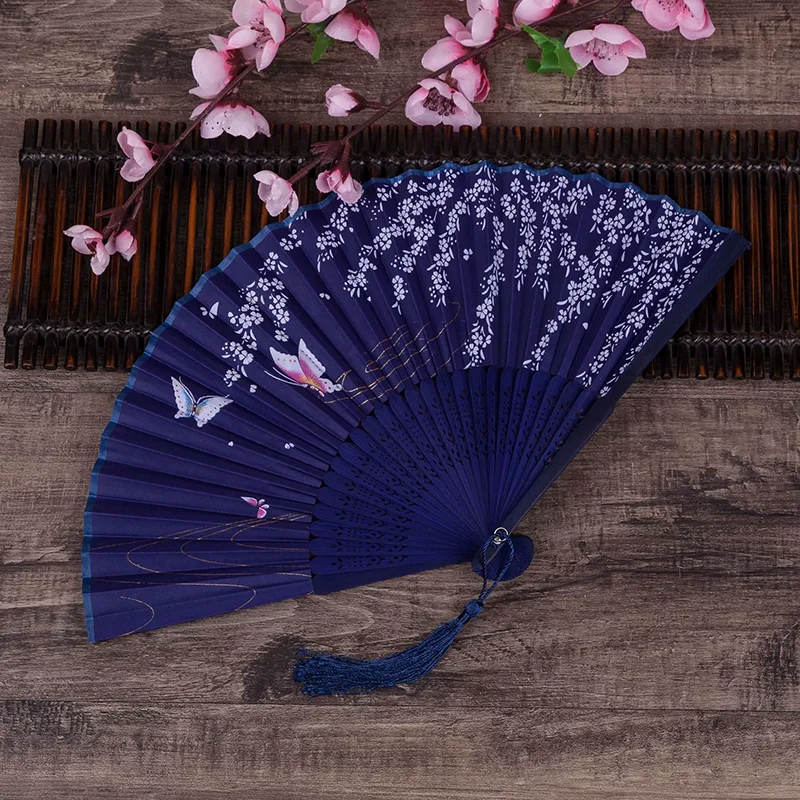 Women's Silk Folding Fan Elegant Floral Butterfly Motif with Tassel One Size