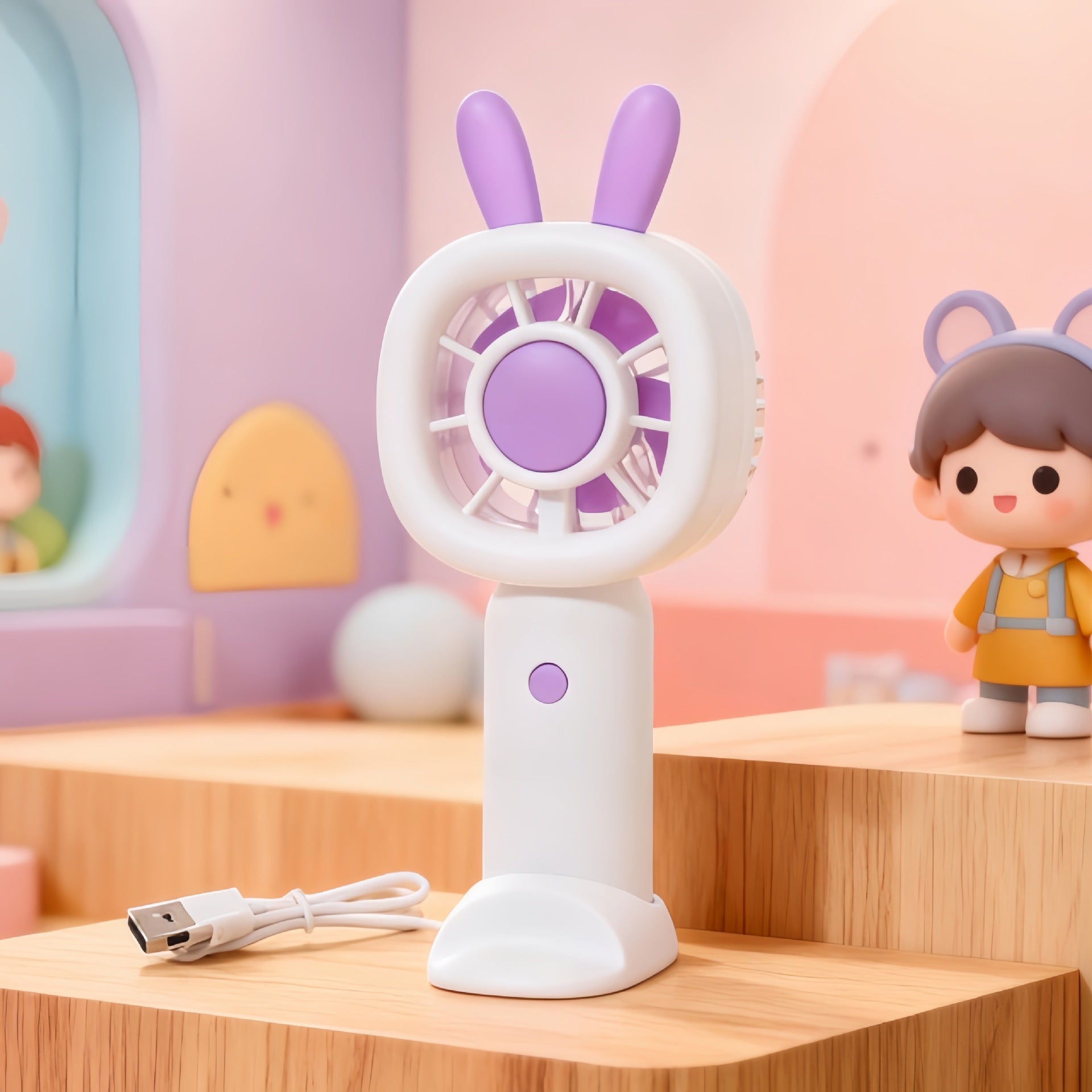 Portable Mini Fan USB Powered Cute Bunny Design Lightweight Personal Cooling Fan