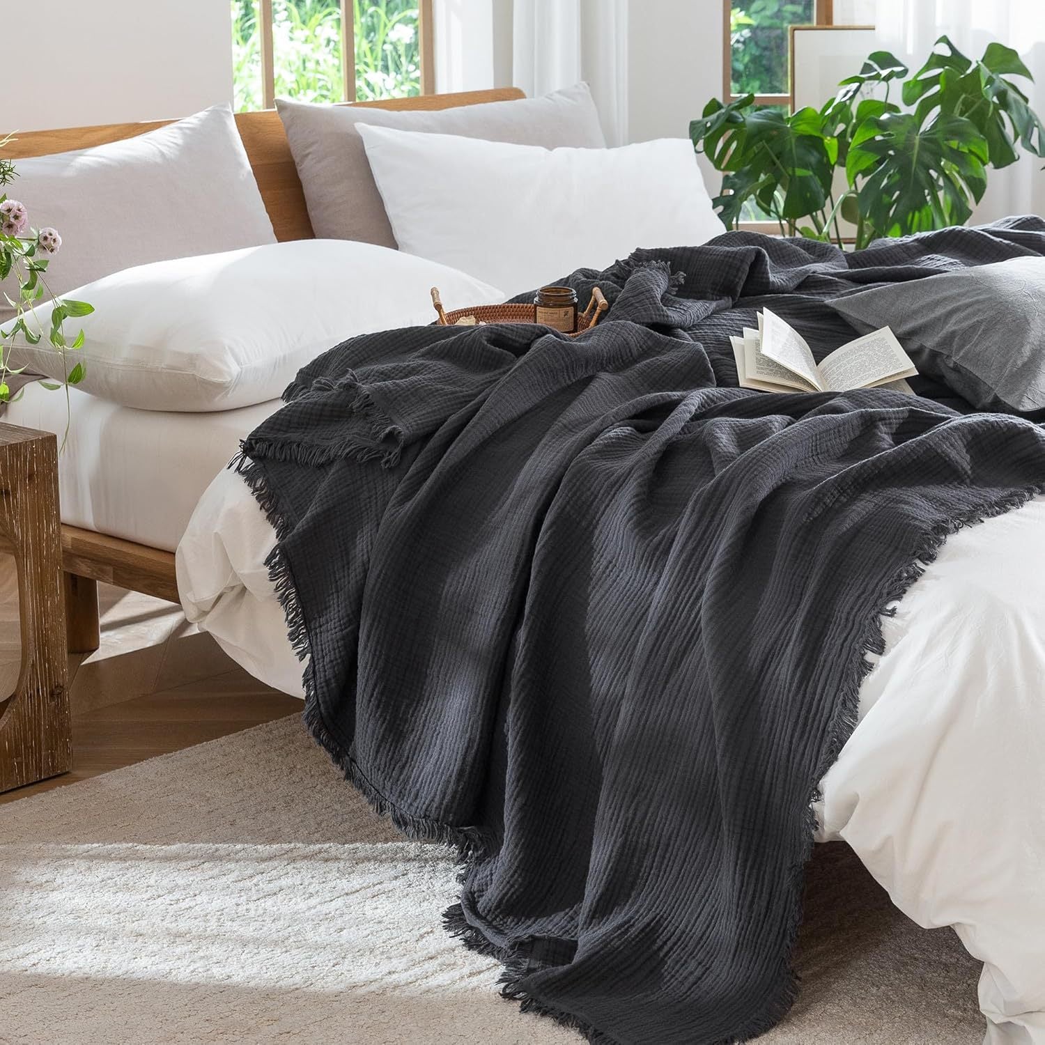Bowlift Women's Soft Cotton Muslin Throw Blanket Breathable Lightweight with Fringes