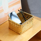 Unisex Decorative Storage Container with Hand-Woven Golden Surface Compact Organizer Box 17x14x9 cm