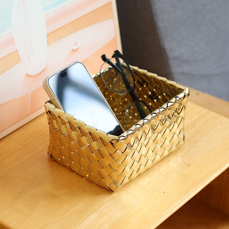Unisex Decorative Storage Container with Hand-Woven Golden Surface Compact Organizer Box 17x14x9 cm