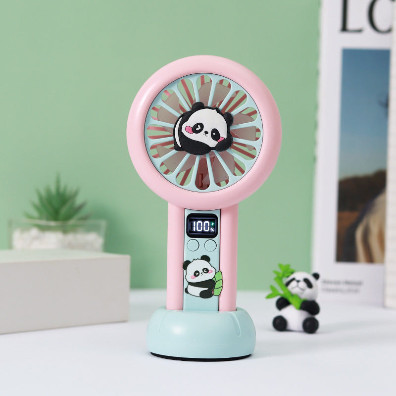 Portable Handheld Fan Panda Design Digital Speed Display Battery Powered