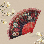 Ladies Elegant Hand Fan Wooden Frame Floral Lace Design Compact Portable