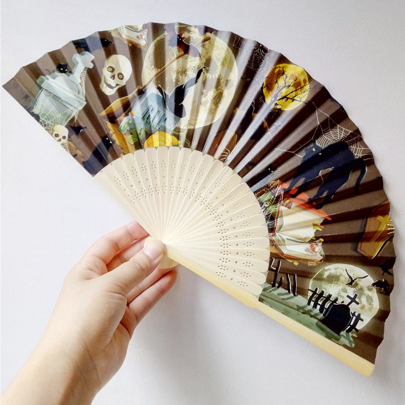 Women Decorative Fan Halloween Motifs Paper Wooden Frame Lightweight Portable
