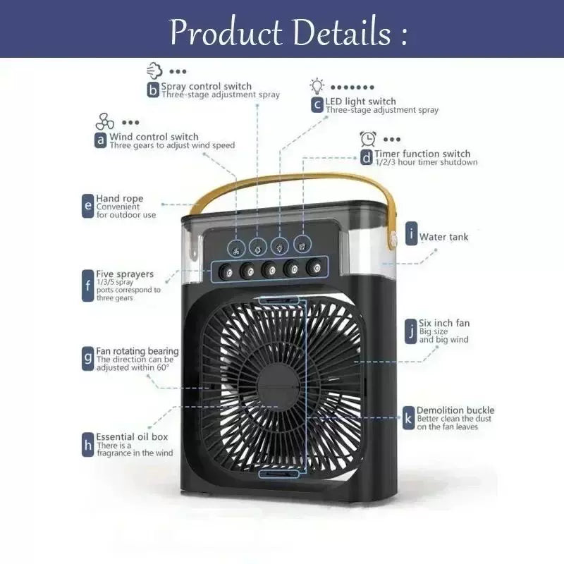 USB Humidifying Portable Fan with 3 Speeds, 7-Color Mood Light, Removable Water Tank, Carry Handle