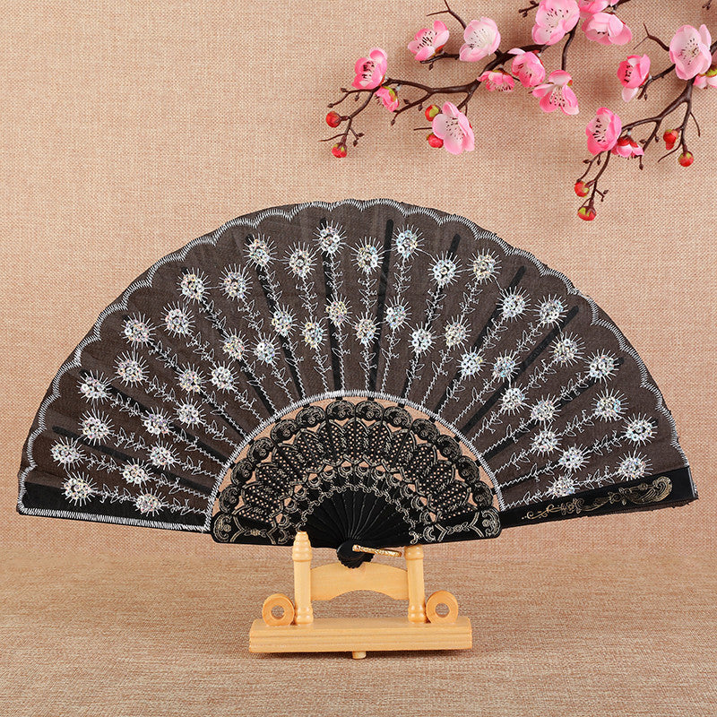 Handmade Ladies Fan Black Fabric Wood Blue Floral Embroidered Design