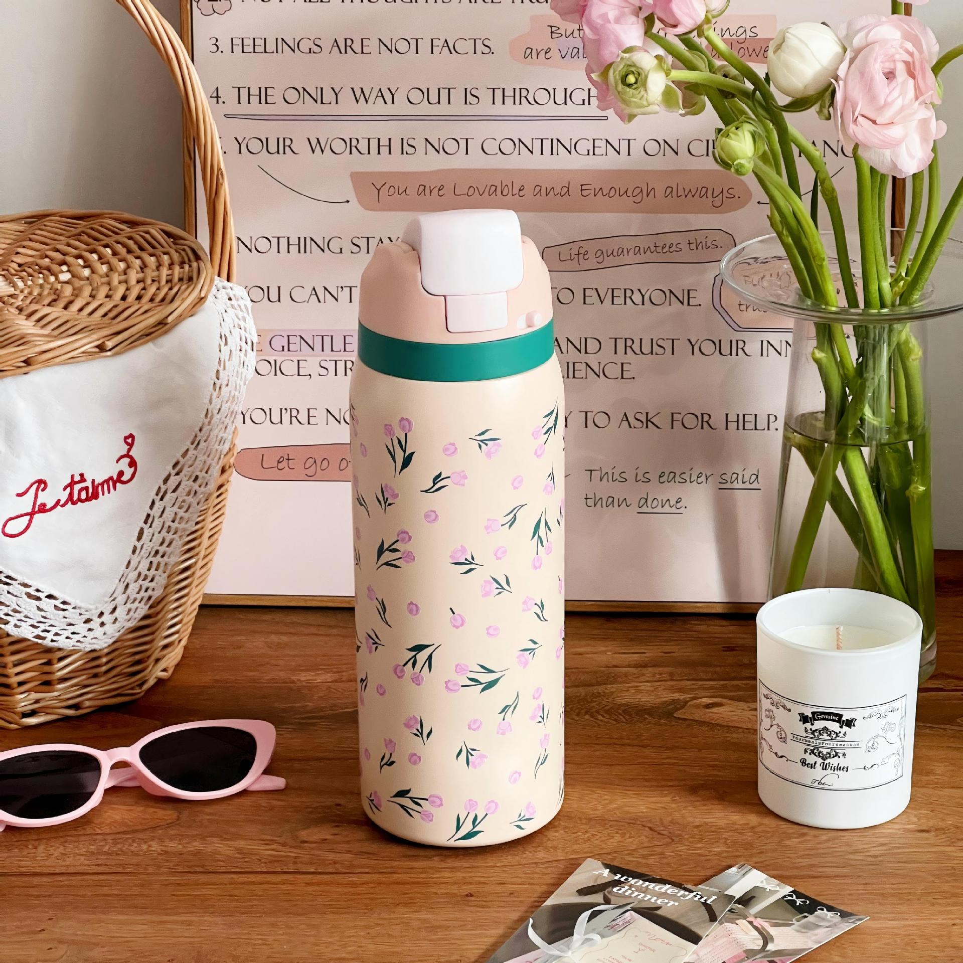 Insulated Water Bottle Double-Walled Leak-Proof Floral Design BPA-Free for Women
