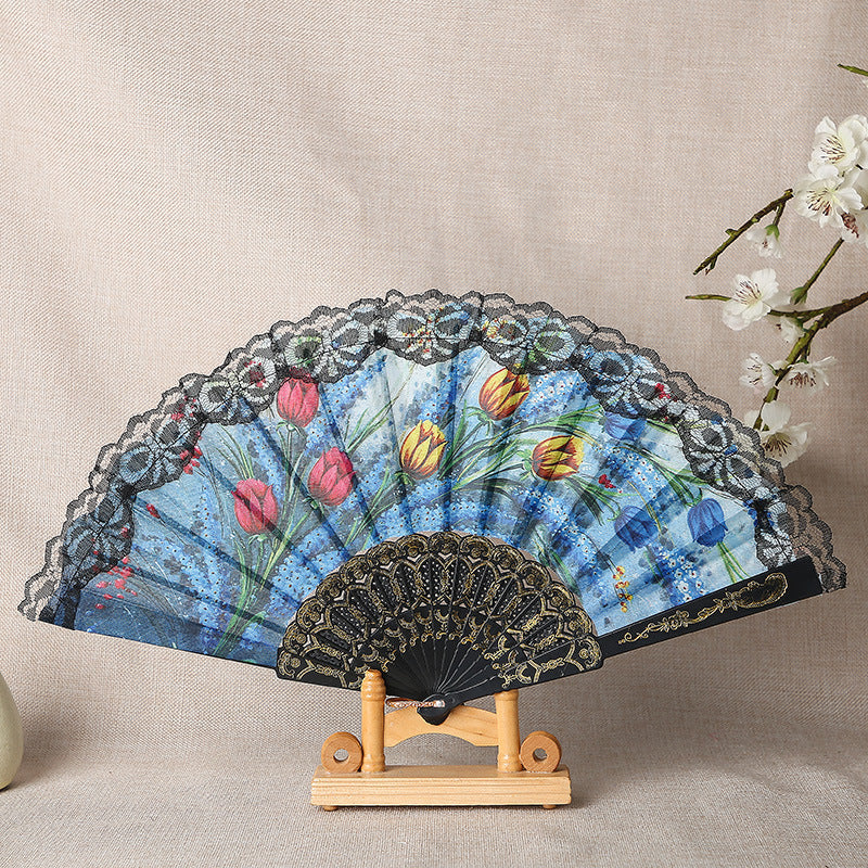 Ladies Elegant Hand Fan Wooden Frame Floral Lace Design Compact Portable