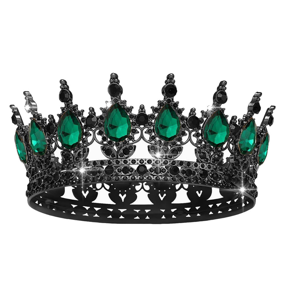 Women’s Crown with Green Gemstones Black Metal Elegant Floral Design