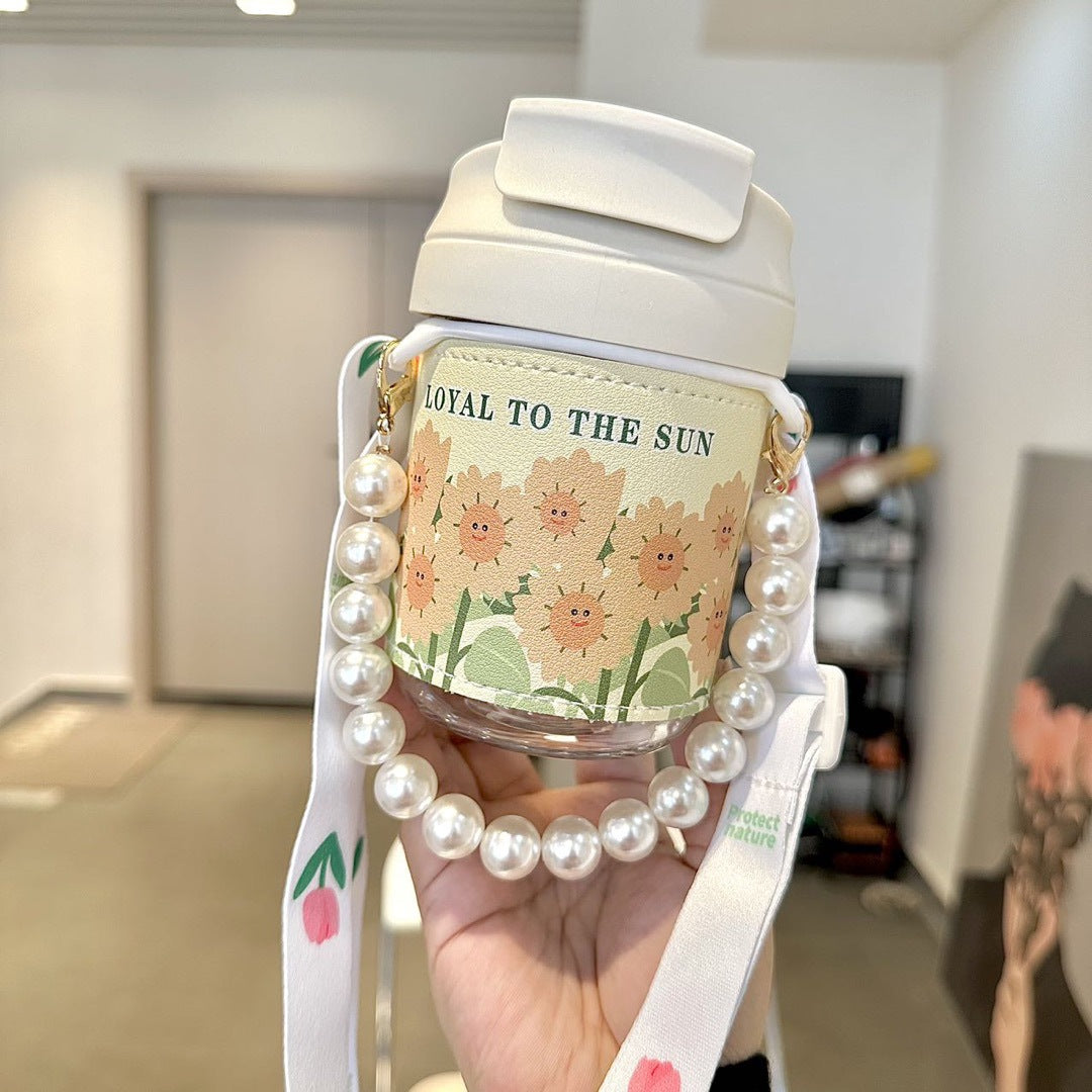 Women's Insulated Water Bottle with Pearl Carrying Strap Leak-Proof Hot Cold Flask
