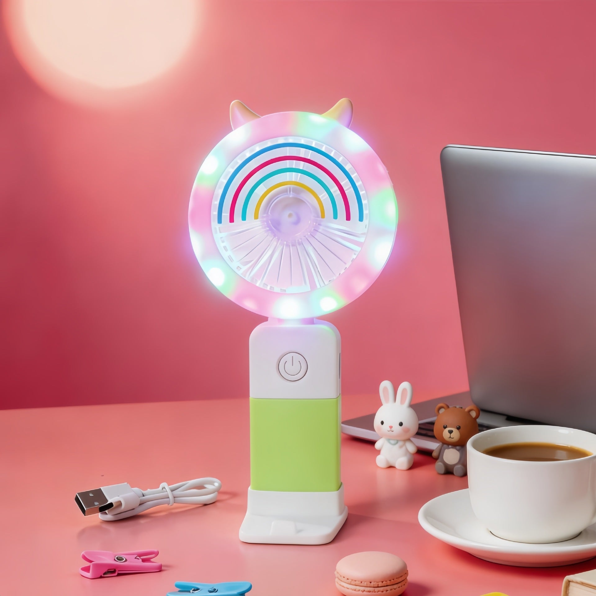 Portable Handheld Fan with Multicolor LED Lighting USB Rechargeable Flexible Design