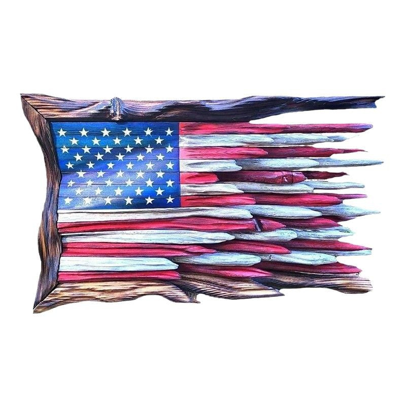 Reclaimed Wood American Flag Wall Sculpture Rustic Layered Driftwood Design
