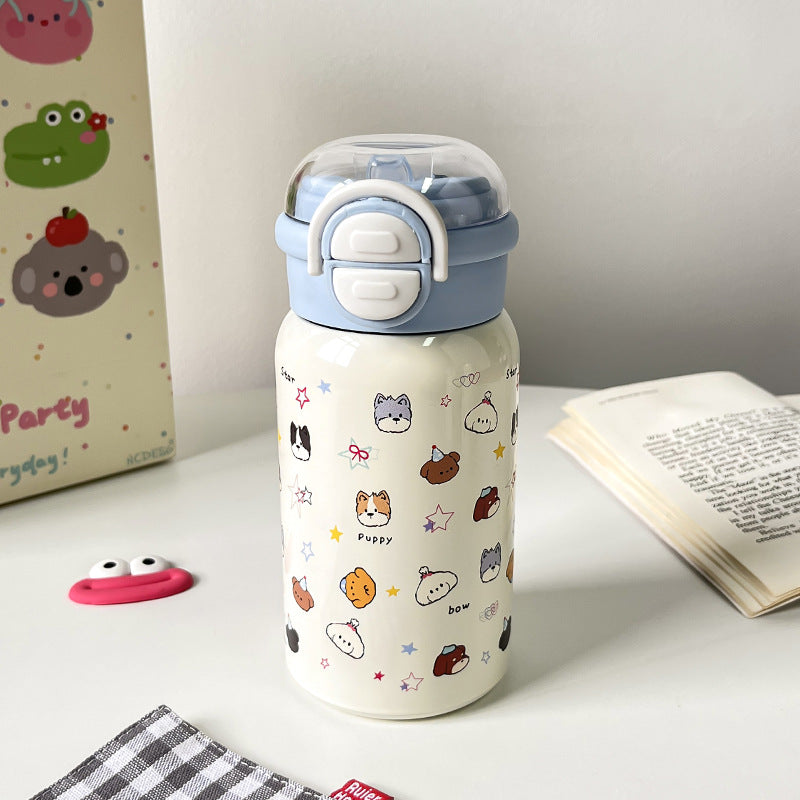 Women's Stainless Steel Insulated Water Bottle Double-Walled Flip Lid Leak-Proof Animal Design