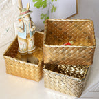 Unisex Decorative Storage Container with Hand-Woven Golden Surface Compact Organizer Box 17x14x9 cm
