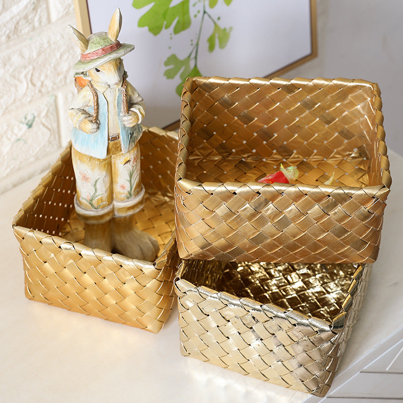 Unisex Decorative Storage Container with Hand-Woven Golden Surface Compact Organizer Box 17x14x9 cm