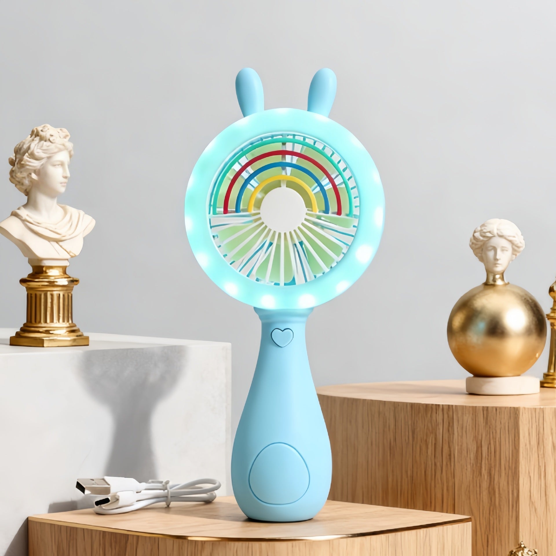 Portable Handheld Fan with LED Light Bunny Design USB Rechargeable Lightweight Cooling Fan