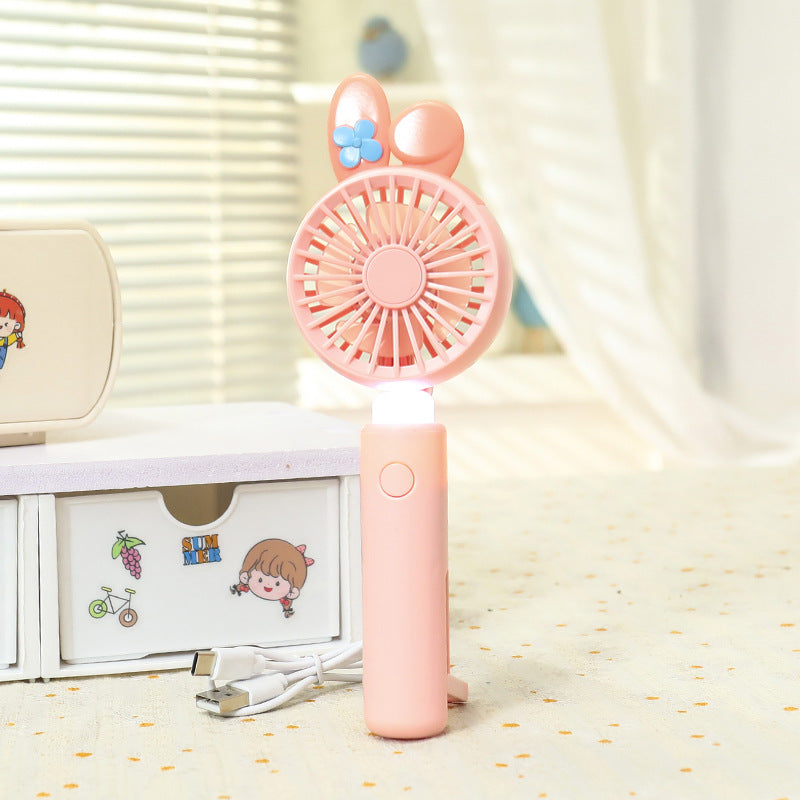 Portable Handheld Fan with LED Light and Animal Ear Design USB Rechargeable Quiet Operation