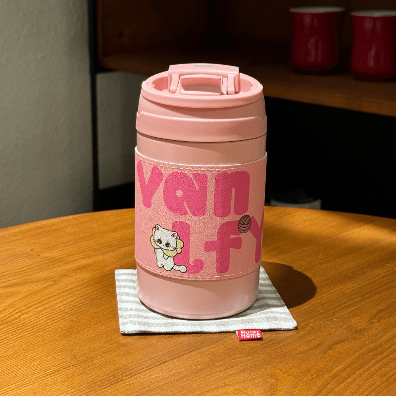 Women's Insulated Plastic Coffee Mug Double-Walled Flip Lid Cute Rabbit Design