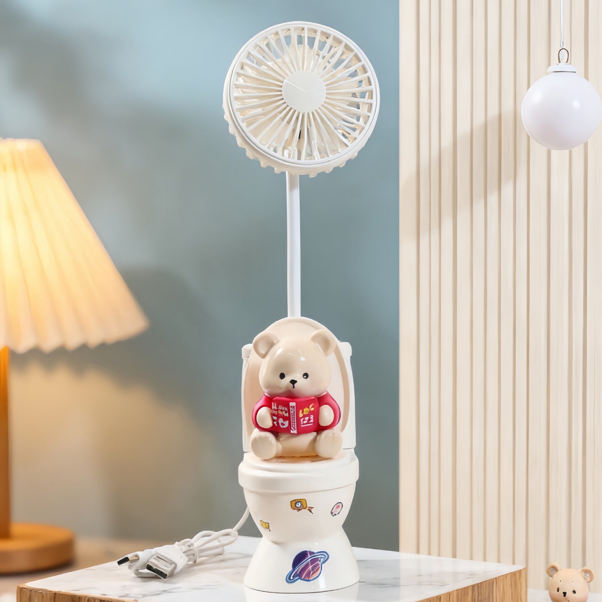 Ladies Portable USB Rechargeable Hand Fan with Cute Plush Bear Design Quiet Operation