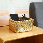 Unisex Decorative Storage Container with Hand-Woven Golden Surface Compact Organizer Box 17x14x9 cm