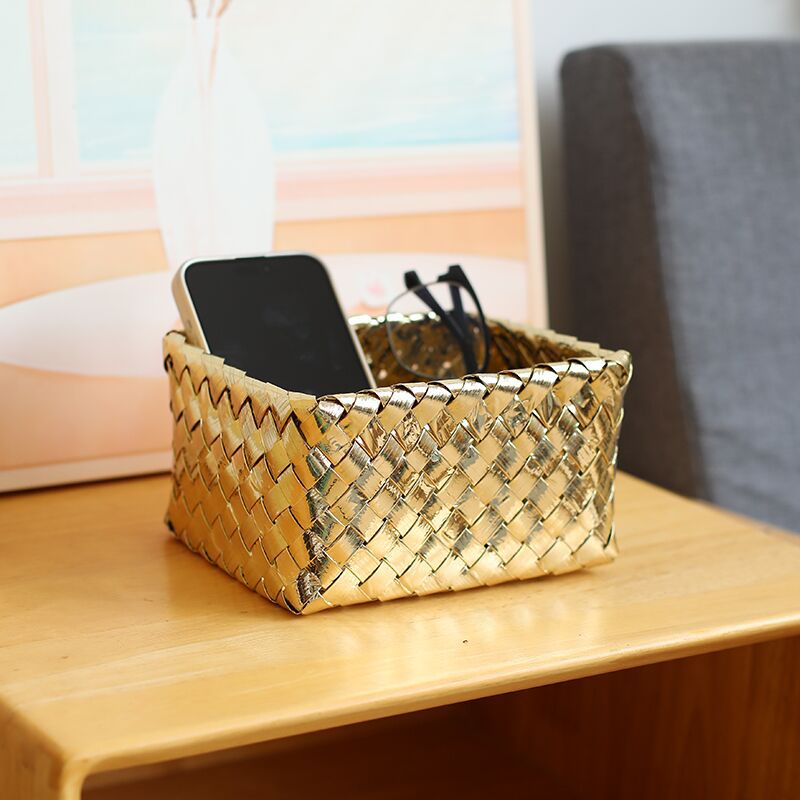 Unisex Decorative Storage Container with Hand-Woven Golden Surface Compact Organizer Box 17x14x9 cm