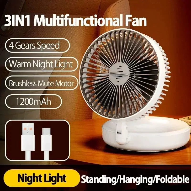 Rechargeable Foldable USB Type C Desk Fan with Adjustable Tilt and LED Night Light