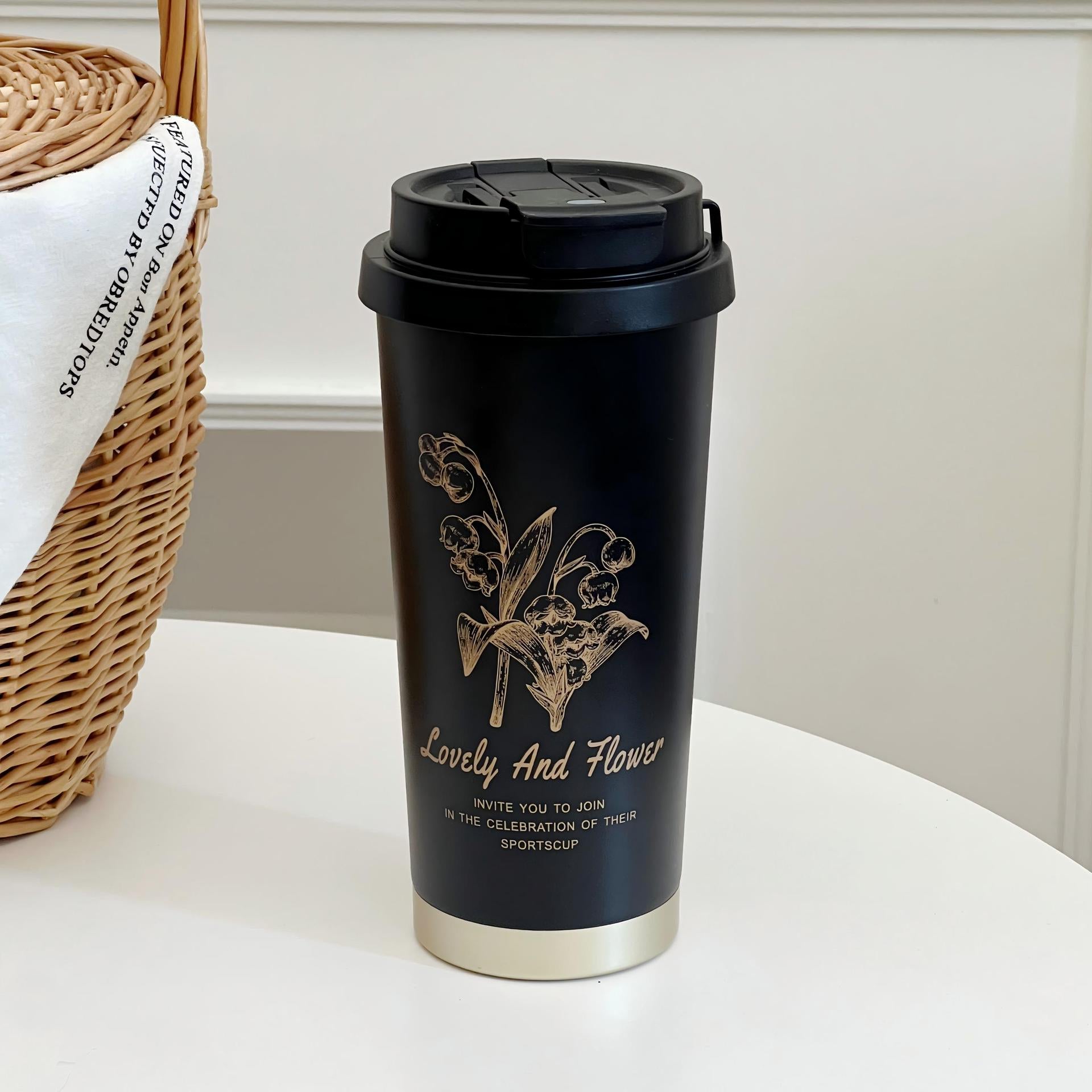 Insulated Coffee Mug for Women Double-Walled Spill-Proof Travel Mug with Lid and Carry Strap Black Silver