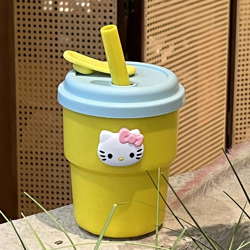 Reusable Drinking Cup with Straw BPA-Free Plastic Hello Kitty Design Compact Dishwasher Safe