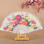 Ladies Elegant Hand Fan Wooden Frame Floral Lace Design Compact Portable