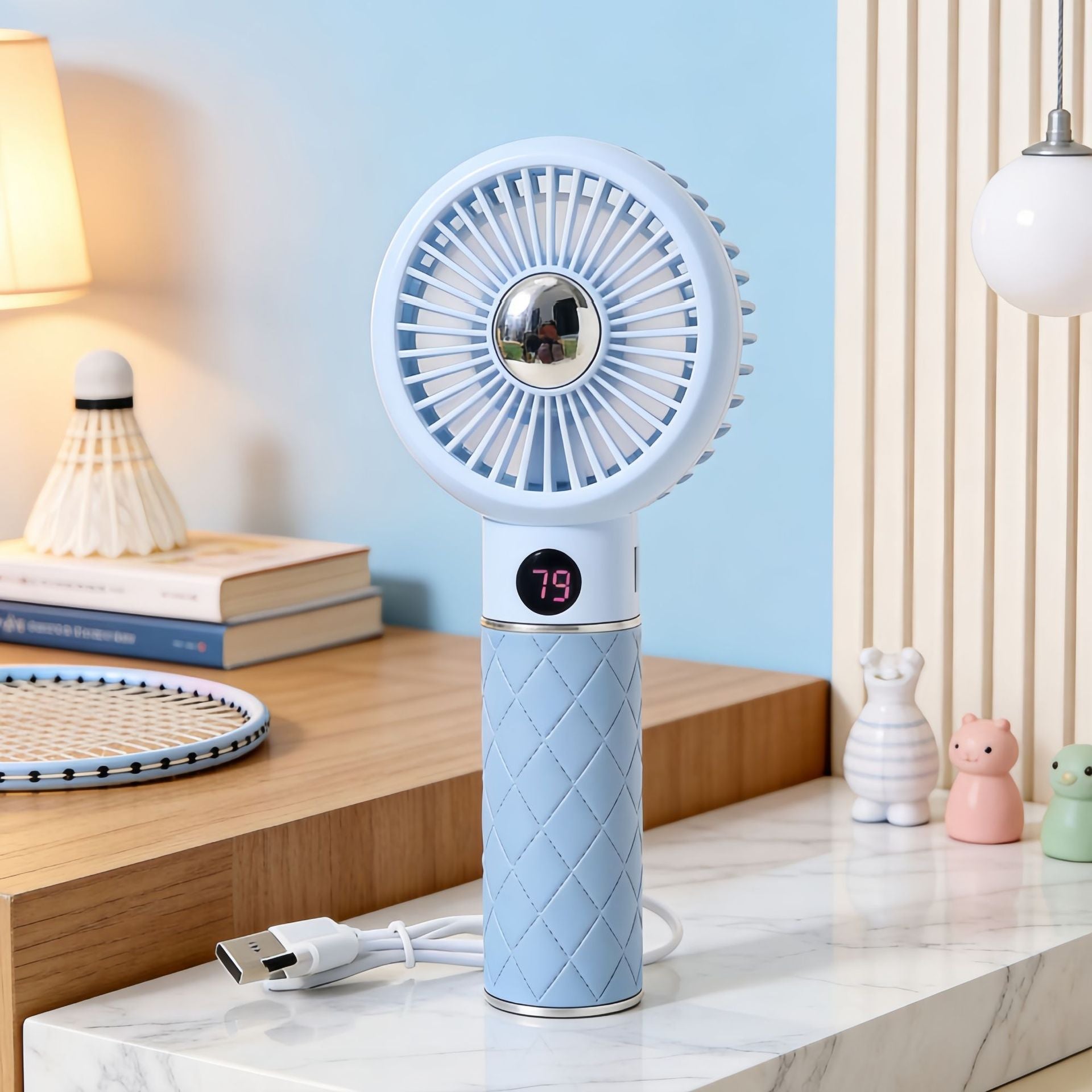 Women Portable Hand Fan with Digital Speed Display and Bear Design USB Rechargeable