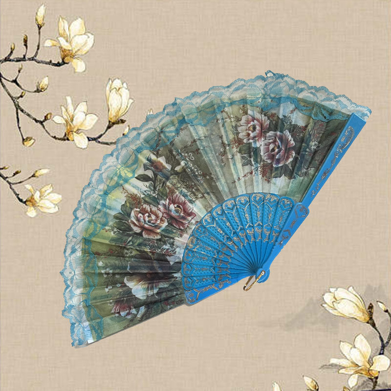 Ladies Elegant Hand Fan Wooden Frame Floral Lace Design Compact Portable