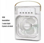 Portable USB Humidifying Fan with 3 Speeds and 7-Color LED Light Compact Moisturizing Desk Fan