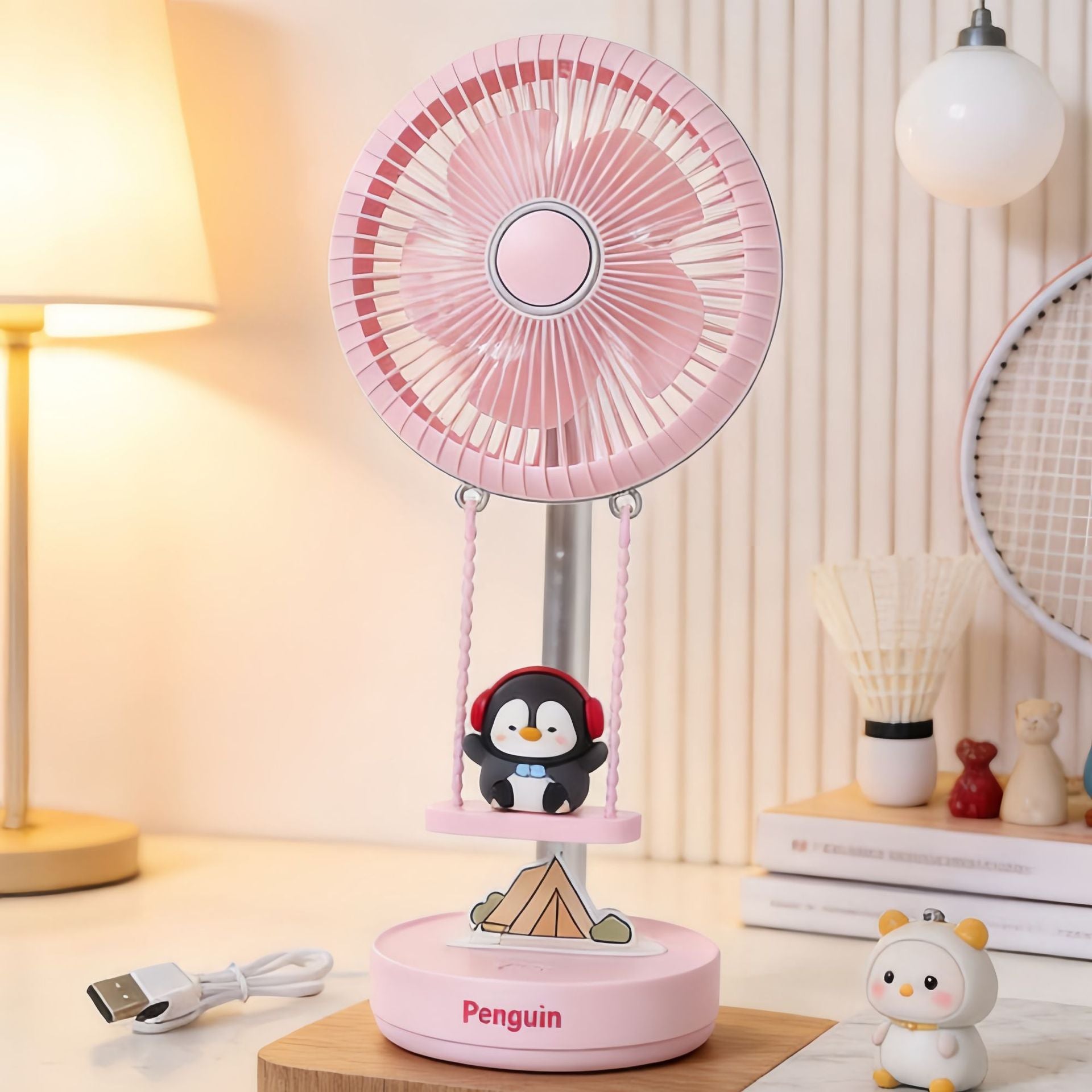 Portable Table Fan with Cute Penguin Design USB Rechargeable Compact Desk Fan