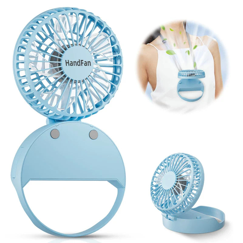 Compact Foldable Rechargeable USB Personal Fan with Tiltable Head and Neck Strap