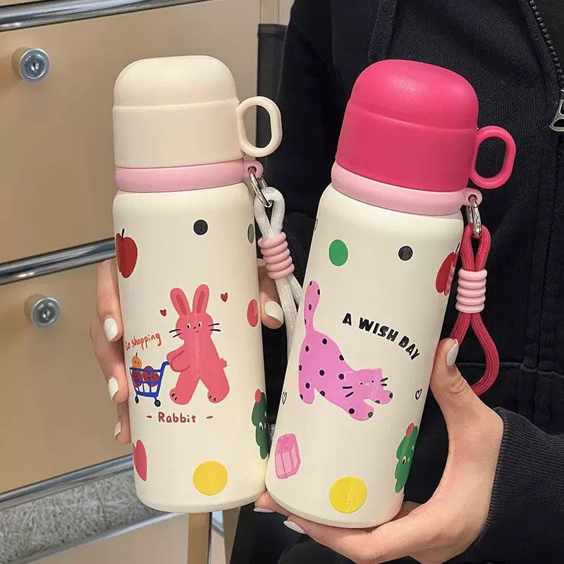 Women's Insulated Water Bottle BPA-Free Plastic Double Wall Leak-Proof Lid with Carry Handle and Animal Design