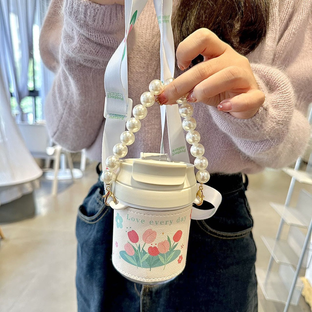 Women's Insulated Water Bottle with Pearl Carrying Strap Leak-Proof Hot Cold Flask