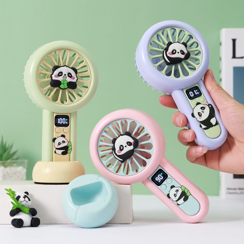 Portable Handheld Fan Panda Design Digital Speed Display Battery Powered