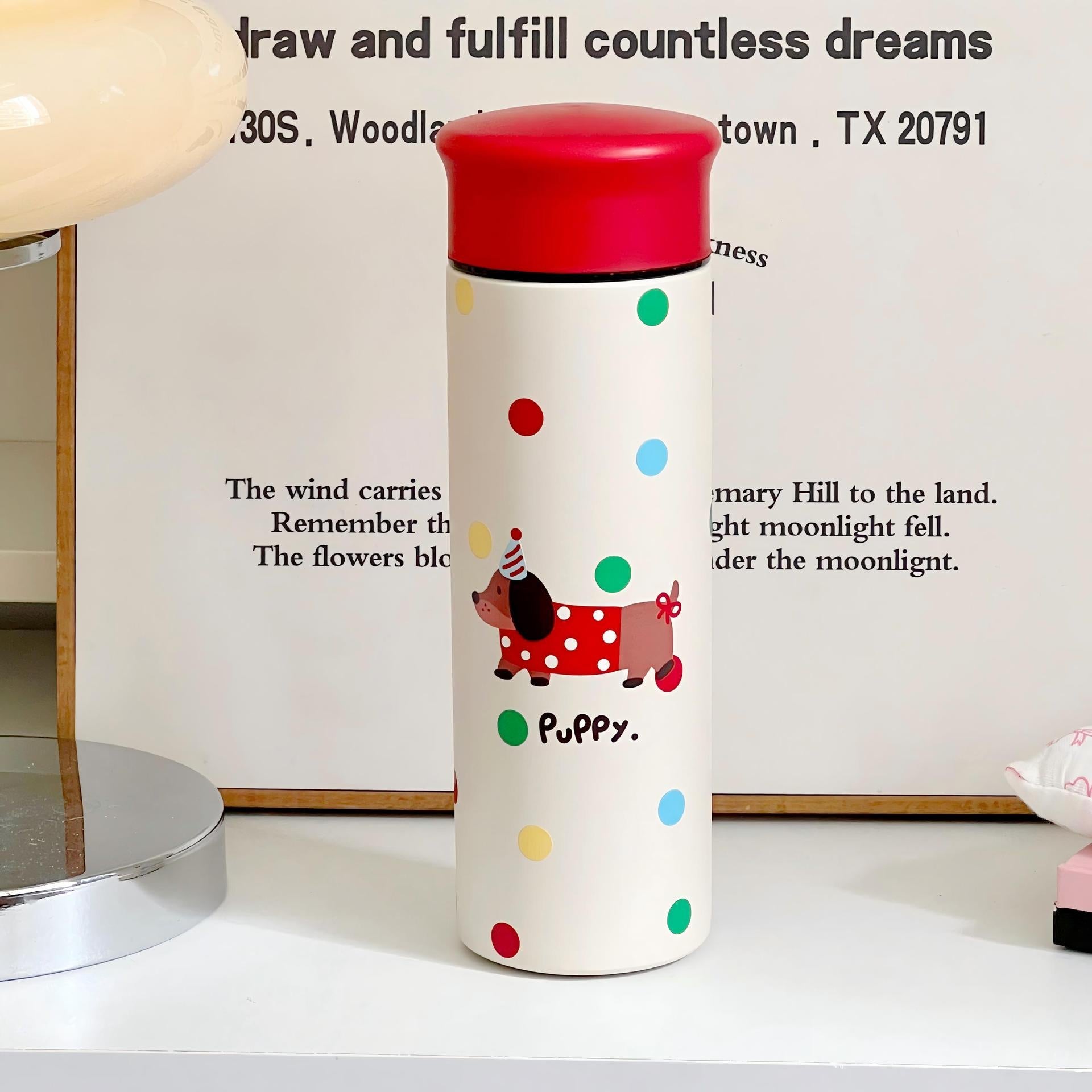 Insulated Stainless Steel Water Bottle for Women with Cute Dog Design Leak-Proof Lid