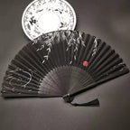 Handmade Bamboo Folding Fan Women’s Hand-Painted Willow Pattern Decorative Tassel
