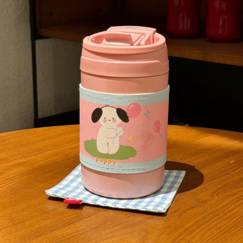 Women's Insulated Plastic Coffee Mug Double-Walled Flip Lid Cute Rabbit Design