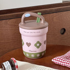 Women’s BPA-Free Plastic Water Bottle with Carry Handle and Integrated Straw Floral Design